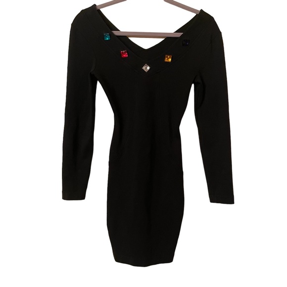 YES Clothing 80s Vintage Black Longsleeve Bodycon Faux crystal jeweled Neckline - Picture 2 of 10
